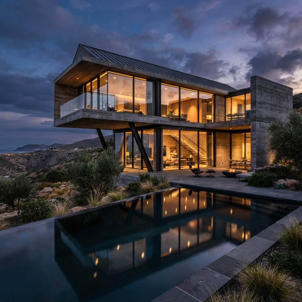 Luxury modern villa at dusk designed by Studio Crafted Walls